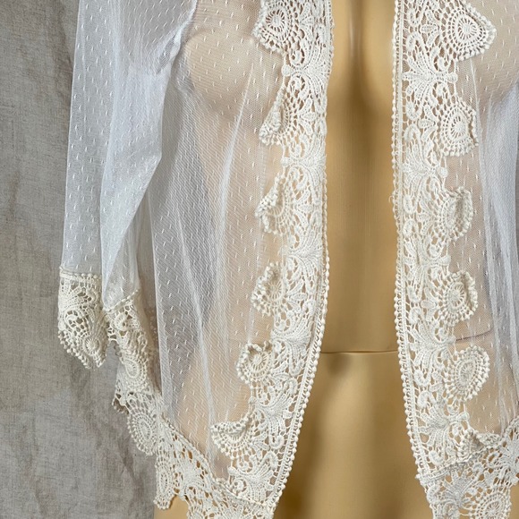 Sheer Lace Mesh Cardigan Shrug Womens One Size White 3/4 Sleeve Boho Coquette - Picture 8 of 15